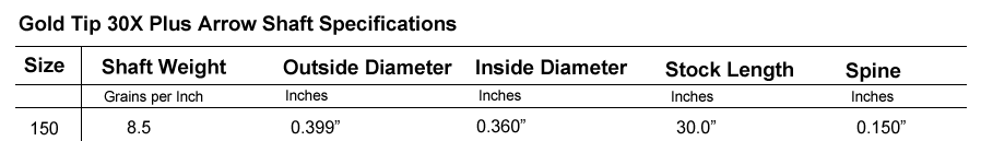 Gold Tip 30X Plus Shaft Specifications