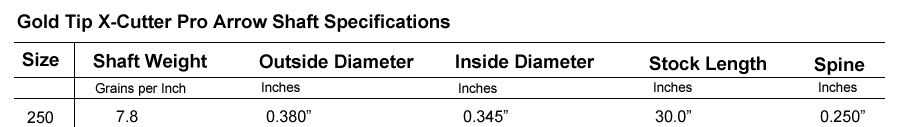 Gold Tip 30X Pro Arrow Shaft Specifications