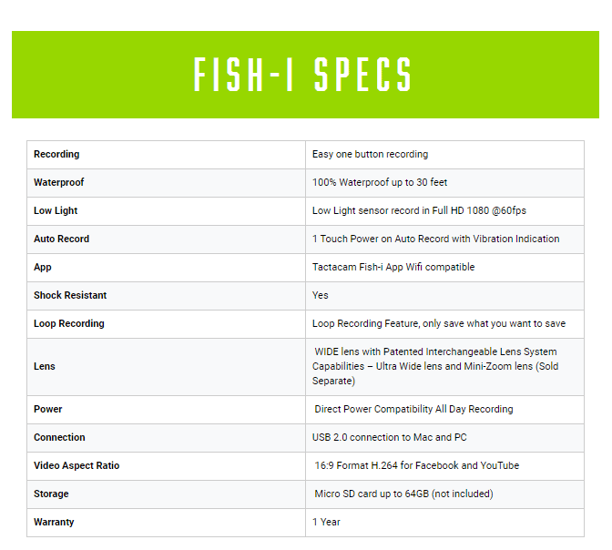 Tactacam Fish-I Fishing Camera Specifications