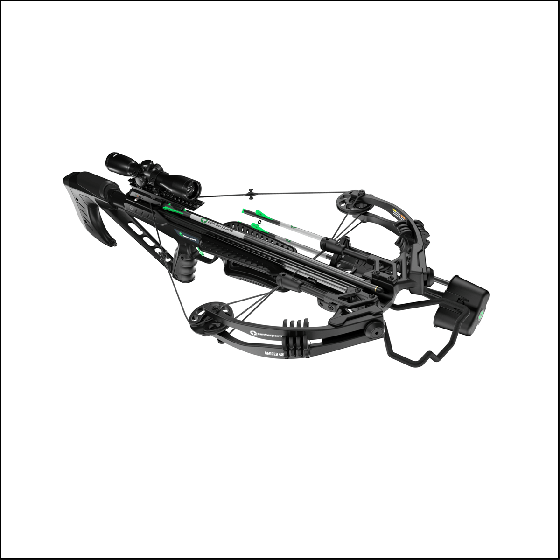 CenterPoint Tradition 405 Crossbow with stealth black adjustable stock, Whisper Silencing System, and full accessory package including 4x32 illuminated scope and three 20-inch arrows.

