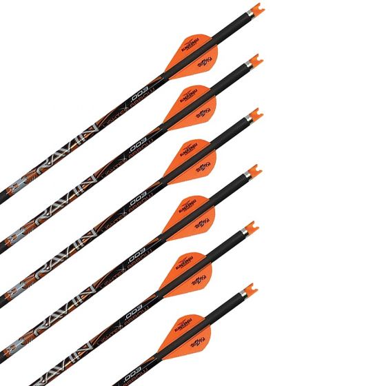 Ravin 20" Match Grade .003" Crossbow Bolts with polymer nocks, brass threaded inserts, and aluminum nock bushings.
