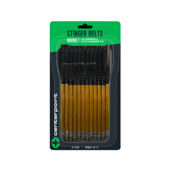 Centerpoint Stinger Bolts in a 12-pack, designed for Hornet recurve crossbow, aluminum construction, 146.6 grains, 6 inches long.
