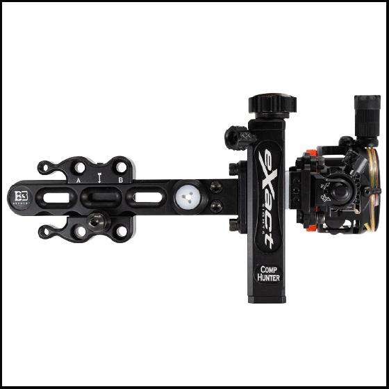 B3 Archery Exact Competition Hunter Sight with steel pins, fiber retention, adjustable sight indicator, and 5" extension bar for precision hunting.
