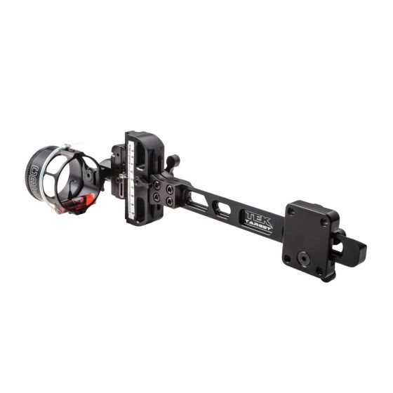 CBE TEK Target Competition Bow Sight with rapid-drive elevation, micro-adjustable windage, and 3" vertical travel for precision in target archery.
