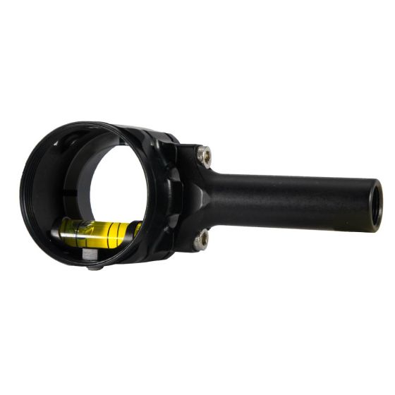 Axcel AV-25 Scope with "T" Connector, featuring a 25mm diameter, bubble level, and Co-Planar Centering Technology for precise archery alignment.
