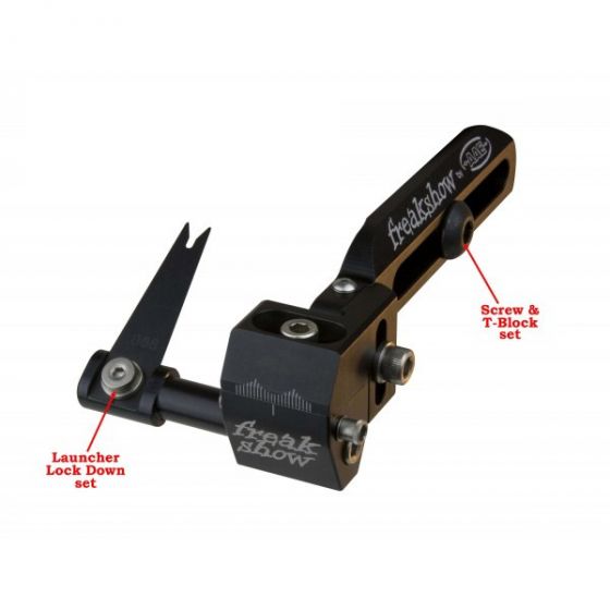 AAE Freakshow Arrow Rest Parts including T-Block, launcher lock down, and locking arm set screw for archery maintenance.
