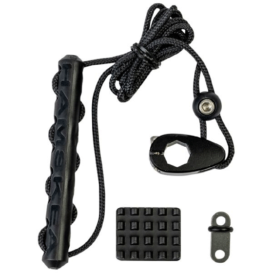 Hamskea Rebound Dampener Conversion Kit with Tear Drop Lever Arm, Knobby Limb Pad, Rebound Dampener, and cord for Trinity, Hybrid, and VersaRest arrow rests.
