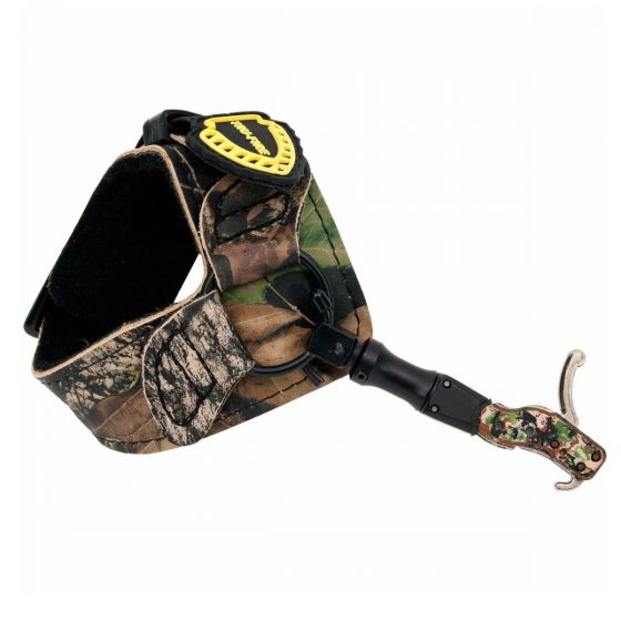 Tru-Fire Hardcore Buckle Foldback Release, adjustable trigger pressure and travel with camo leather strap for optimal archery performance.

