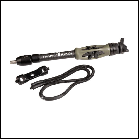 Trophy Ridge Hitman 2.0 Bow Stabilizer in olive green, featuring vibration reduction and quick disconnect system.
