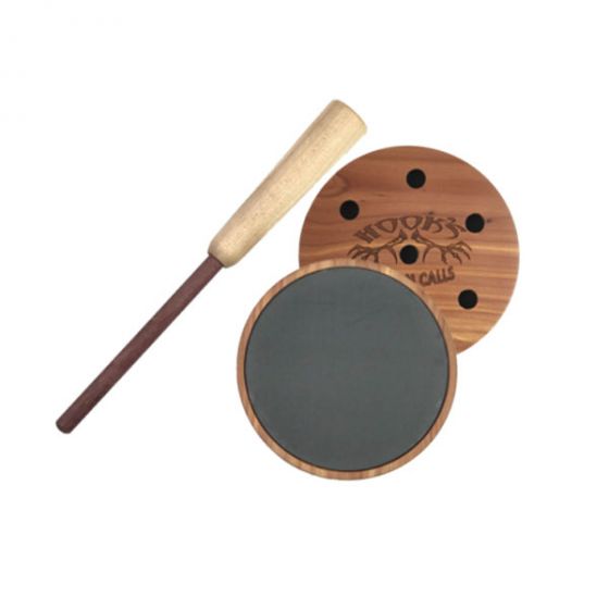 Hook's Custom Calls Assassin Slate Turkey Call with cedar pot, slate surface, and purpleheart striker for versatile turkey calling.
