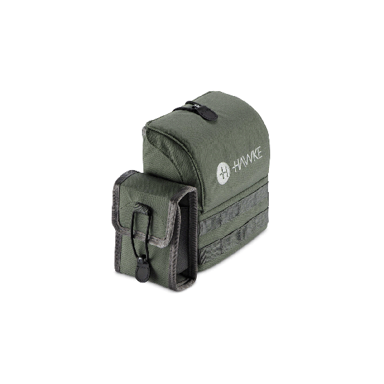 Hawke Optics Binocular Harness Pro Pack, adjustable harness with MOLLE webbing and removable range finder pouch for outdoor activities.