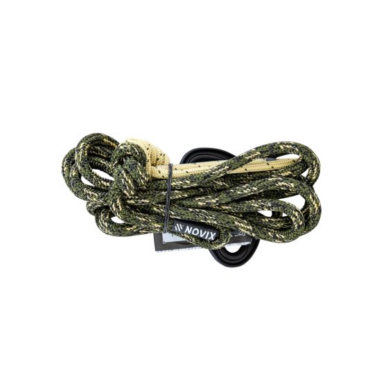 Novix Linesman Rope/Tether with prusik knot and carabiner for climbing safety.
