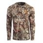 First Lite Men’s Wick Long Sleeve Crew in Specter camo with Aerowool 150 body and 125 g mesh ventilation panels
