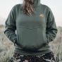 First Lite Women’s Furnace 350 Merino-X Hoody in Conifer with kangaroo pocket and snap-up Monks Hood Collar
