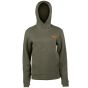 First Lite Women’s Furnace 350 Merino-X Hoody in Conifer with kangaroo pocket and snap-up Monks Hood Collar

