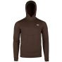 First Lite Men’s Furnace 350 Merino-X Hoody in Terra with snap-up hood, kangaroo pocket, and thumbhole sleeves
