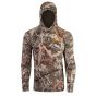 First Lite Men’s Wick Hoody in Specter camo with loose sun-shielding hood and mesh ventilation panels
