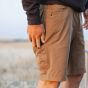 First Lite Trace Short in Dry Earth with 10" inseam, 5-pocket layout, zip rear pockets, and low-profile removable belt
