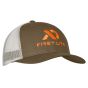 First Lite Trucker Hat in Dry Earth with washed twill front, mesh back, and pre-curved visor

