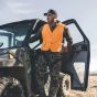 Half Rack Hunter Orange Safety Vest with elastic sides and snap closure for hunting or work.
