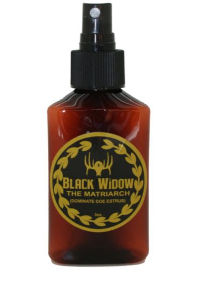 Black Widow The Matriarch premium peak-estrus doe urine bottle labeled one-doe-per-bottle
