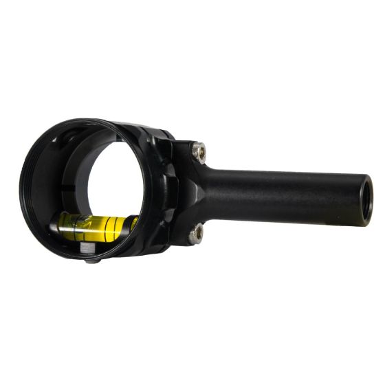 Axcel AV-25 Scope with "T" Connector, featuring a 25mm diameter, bubble level, and Co-Planar Centering Technology for precise archery alignment.

