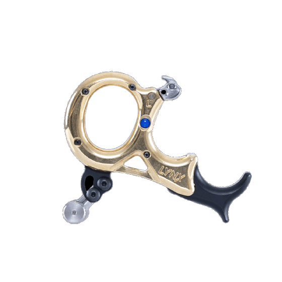 Stan Lynx customizable hinge release with Clutch System, available in Black and Heavy Metal finishes, with included thumb extensions, barrels, and finger pieces. Brass