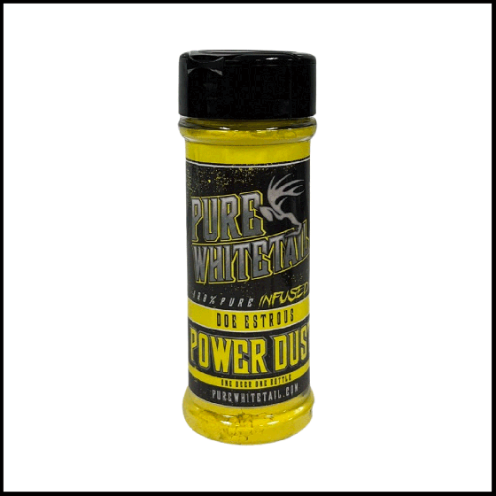 Pure Whitetail Power Dust Doe Estrous deer attractant scent powder.
