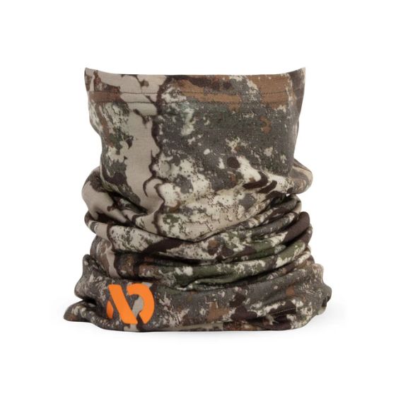 First Lite Aerowool Neck Gaiter in Specter camo, 18-inch merino-blend tube for face and neck coverage
