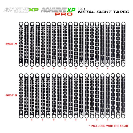 Axcel 100+ metal sight tapes for Achieve XP, Achieve XP Pro, and Landslyde with laser-engraved yard scales

