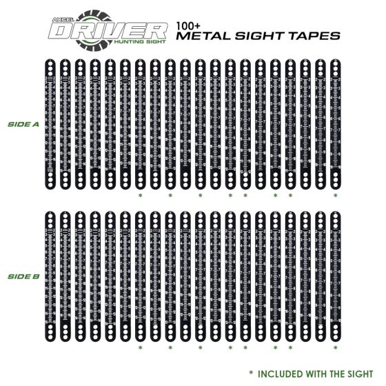 Axcel Driver 100+ metal sight tapes with laser-engraved yard scales from 100 to 150 yards
