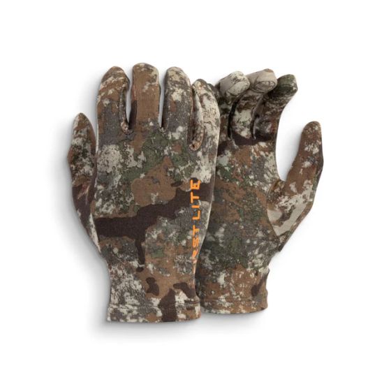 First Lite Aerowool Touch Liner Gloves in Specter camo with touchscreen thumb and index finger
