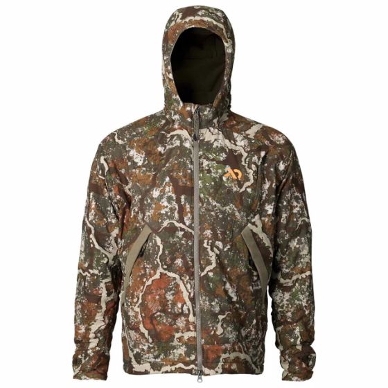 First Lite Men’s Core Insulated Jacket in Specter camo with zip-off hood, windproof shell, and KitLink pass-thru pockets
