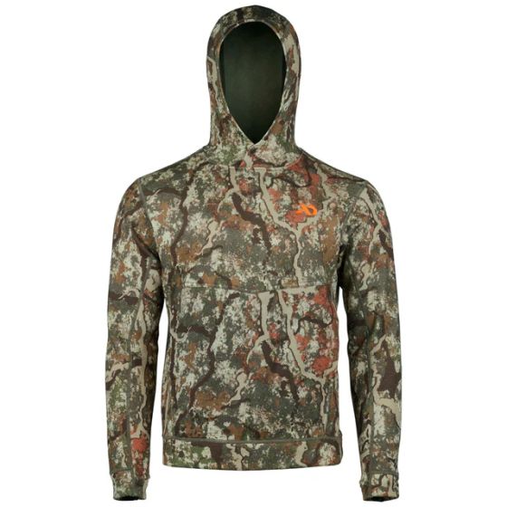 First Lite Men’s Furnace 350 Merino-X Hoody in Specter camo with kangaroo pocket and snap-up Monks Hood Collar
