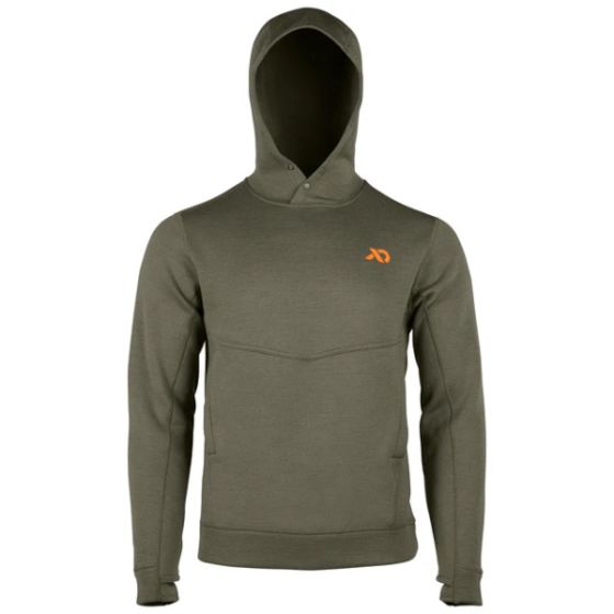 First Lite Men’s Furnace 350 Merino-X Hoody in Conifer with snap-up hood, kangaroo pocket, and thumbhole sleeves
