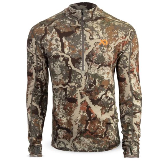 First Lite Men’s Kiln Quarter Zip in Specter camo, 250 Merino-X midweight with quarter zip and mid-coverage collar
