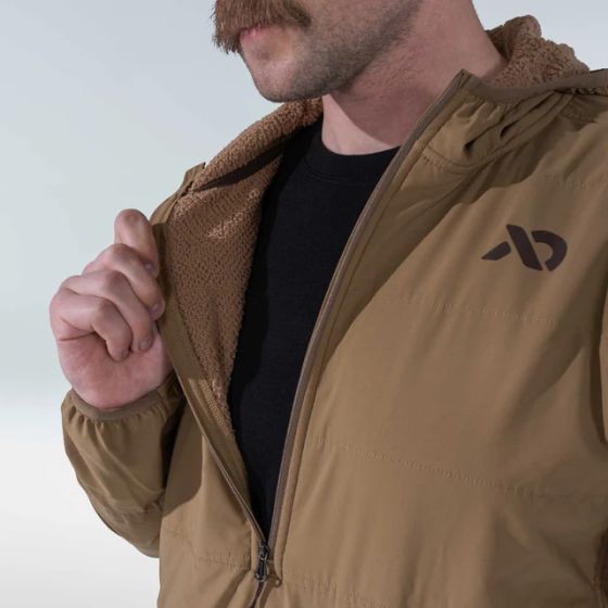 First Lite Men’s Navigator Hoody in Specter camo with stretch-woven PFAS-free DWR shell and 37.5 active fleece lining
