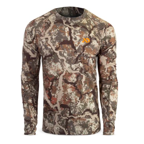 First Lite Men’s Wick Long Sleeve Crew in Specter camo with Aerowool 150 body and 125 g mesh ventilation panels
