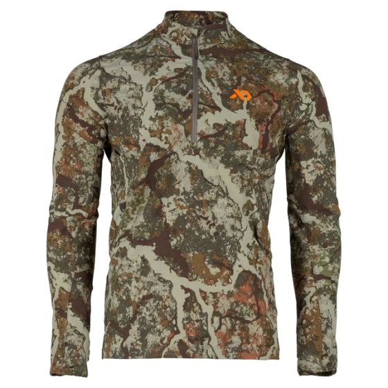 First Lite Trace Quarter Zip in Specter camo with low-profile collar, deep zipper, and bino-harness compatible chest pockets
