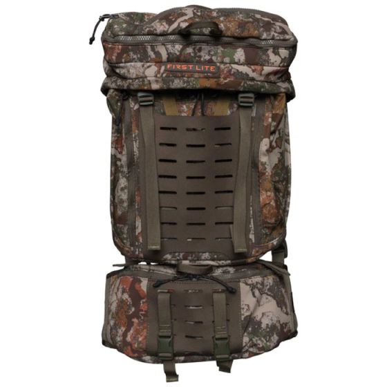 First Lite Transfer Lite Pack in Specter camo with detachable waist pack, MOLLE platforms, and integrated 28-foot gear hoist
