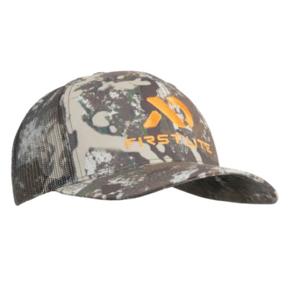 First Lite Trucker Hat in Specter camo with washed twill front, mesh back, and pre-curved visor
