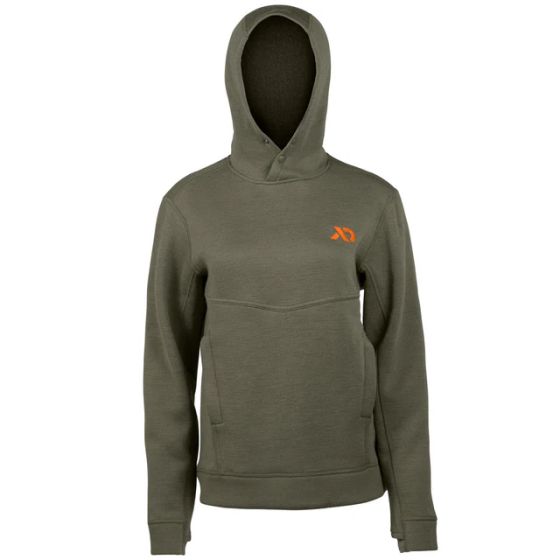 First Lite Women’s Furnace 350 Merino-X Hoody in Conifer with kangaroo pocket and snap-up Monks Hood Collar

