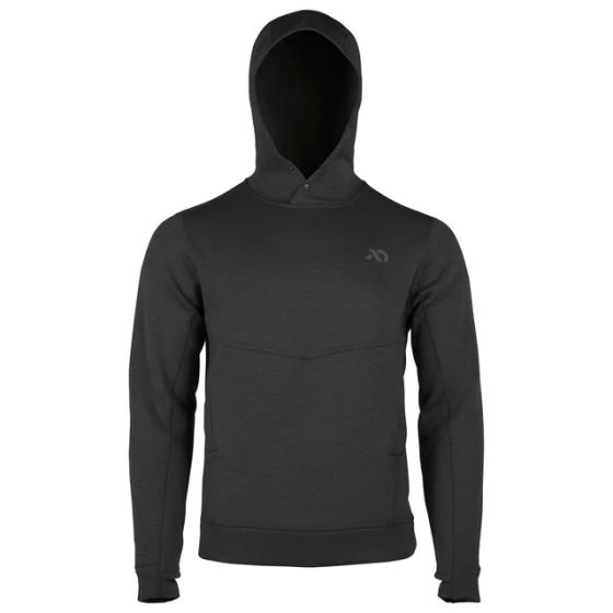 First Lite Men's Furnace Hoody in Black on Black, heavyweight 350gsm Merino-X hunting hoody with snap-up hood and kangaroo pocket
