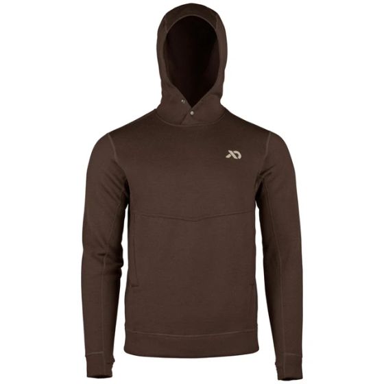 First Lite Men’s Furnace 350 Merino-X Hoody in Terra with snap-up hood, kangaroo pocket, and thumbhole sleeves
