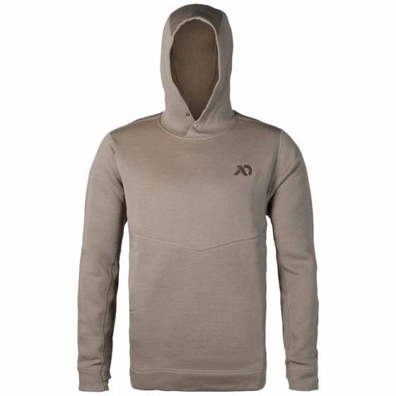First Lite Men’s Furnace 350 Merino-X Hoody in Walnut with snap-up hood, kangaroo pocket, and thumbhole sleeves
