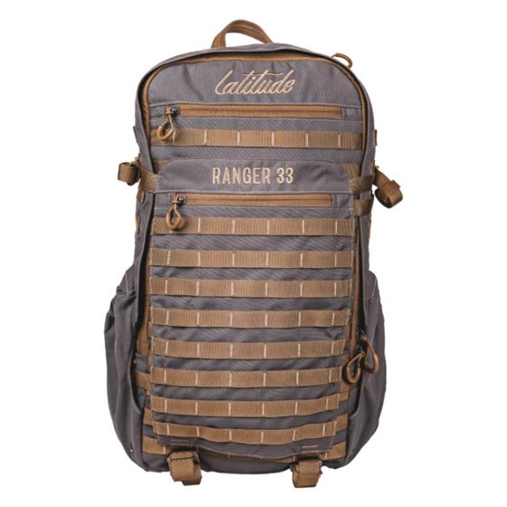 Latitude Ranger 33 backpack with compression panel, removable hip belt, internal frame stays, and side pockets
