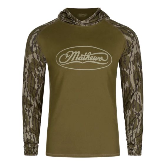 Mathews Mossy Oak Bottomland sun hoodie with oversized hood, thumbhole cuffs, and curved back hem
