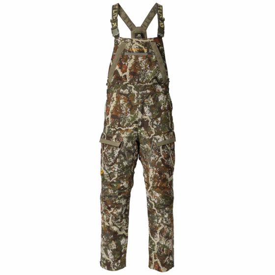 First Lite Core Insulated Bib Pant in Specter camo with full-length side zips, chest handwarmer pocket, and PrimaLoft Gold insulation
