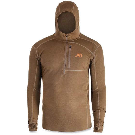 First Lite Men's Kiln Hoody in Dry Earth color, 250gsm Merino-X midweight hunting hoody with quarter-zip hood
