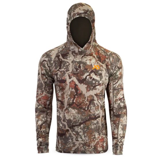 First Lite Men’s Wick Hoody in Specter camo with loose sun-shielding hood and mesh ventilation panels
